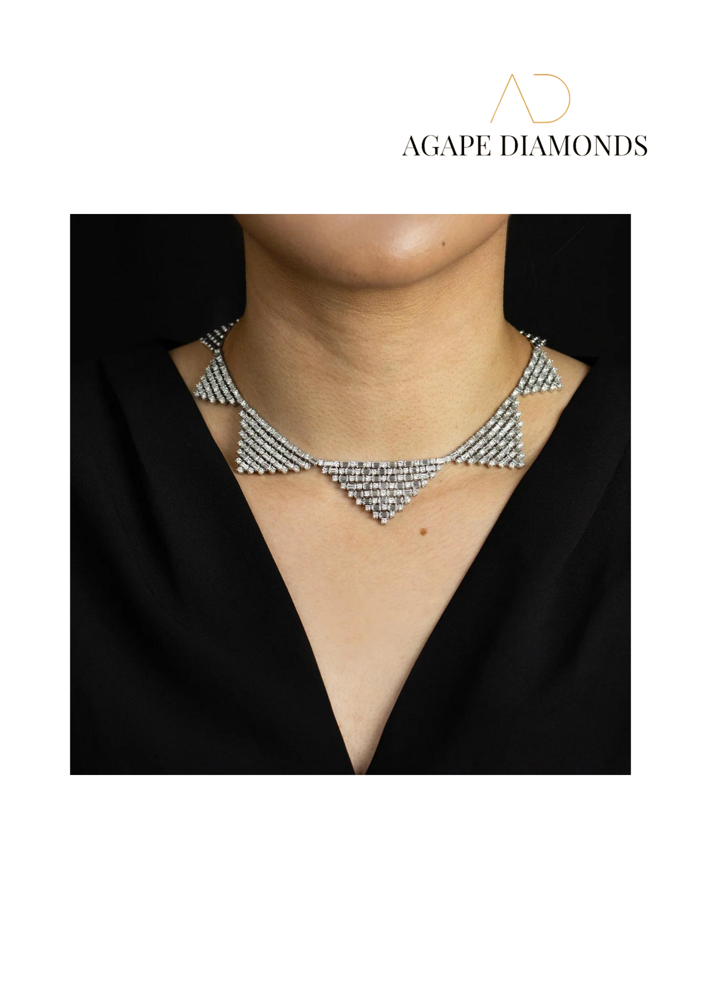 Agape Round and Baguette Cut Diamond Necklace in White Gold