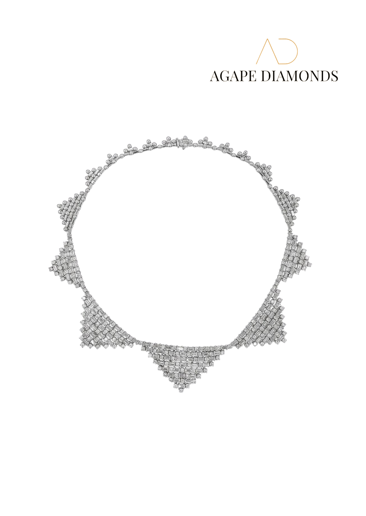 Agape Round and Baguette Cut Diamond Necklace in White Gold