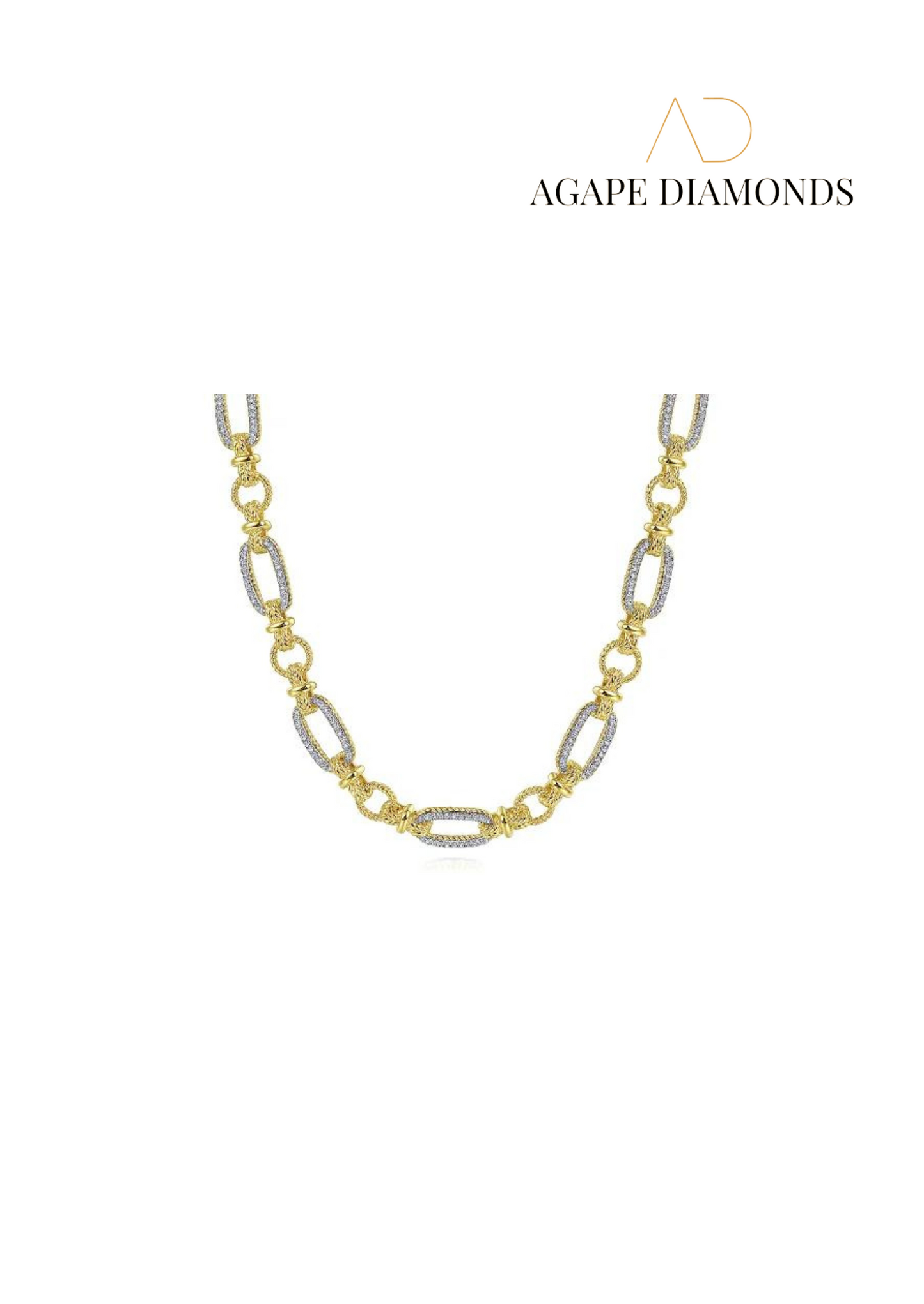 Yellow-White Gold Oval Chain Twisted Rope Link Necklace with Diamond Pave