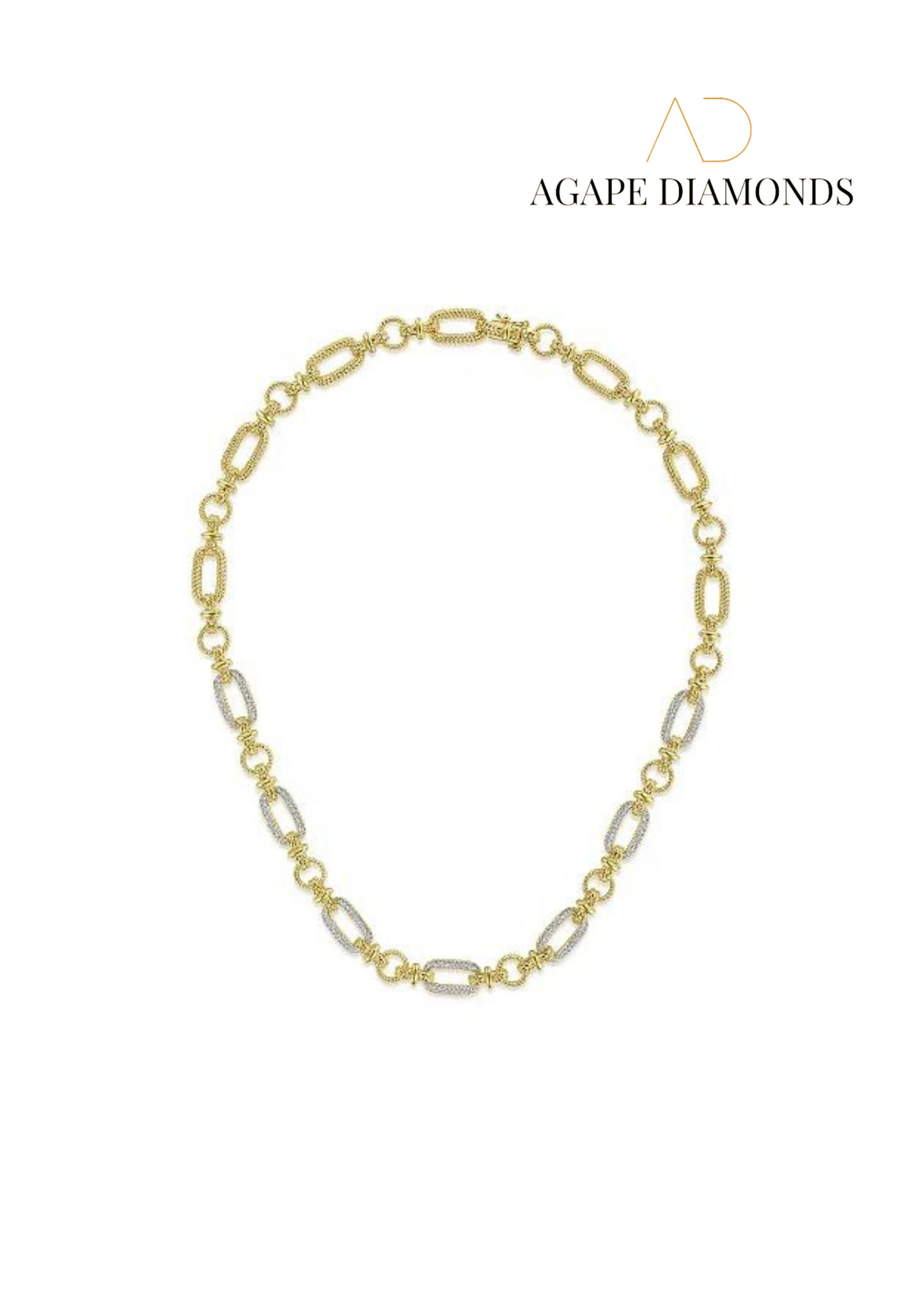 Yellow-White Gold Oval Chain Twisted Rope Link Necklace with Diamond Pave