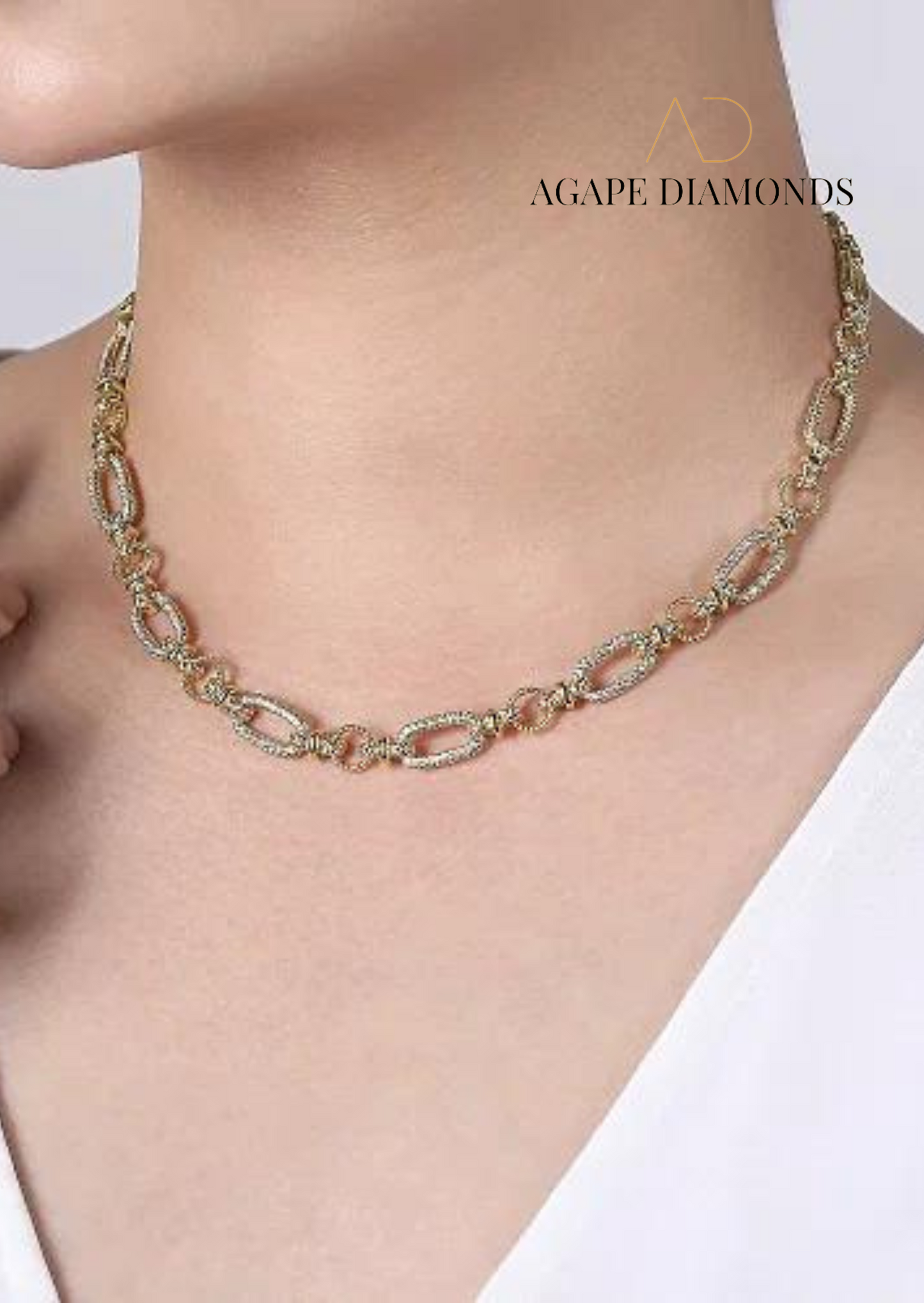 Yellow-White Gold Oval Chain Twisted Rope Link Necklace with Diamond Pave